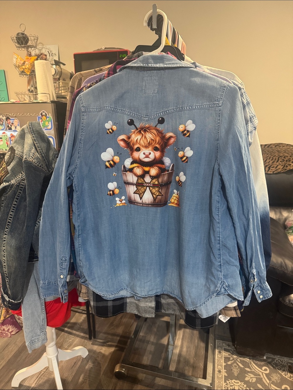 Light Blue womens Denim Jacket with Cute cow  & Bees Print
